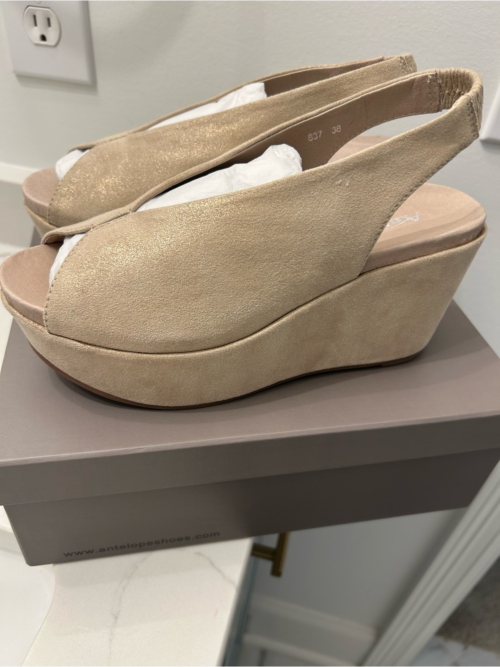 Antelope Champagne Beige Suede Platform Wedge Slingbacks